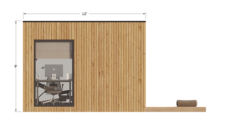Front view of the Edge backyard shed with cedar siding, sliding glass doors, and a home gym interior