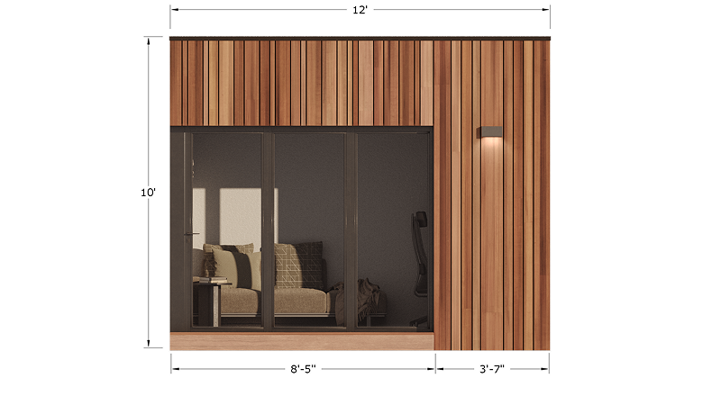 Front elevation of the Nova home gym shed showing dimensions and exterior design