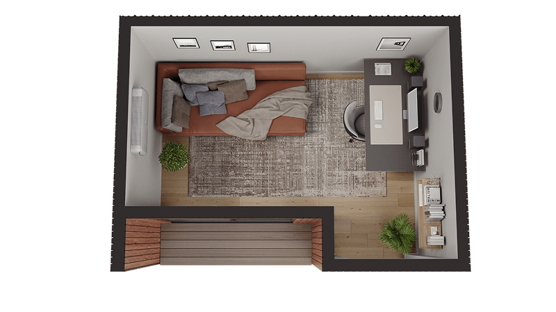 Stockton backyard office floor plan with workspace and daybed