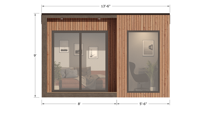 Front elevation of the Stockton modern backyard office with floor-to-ceiling windows