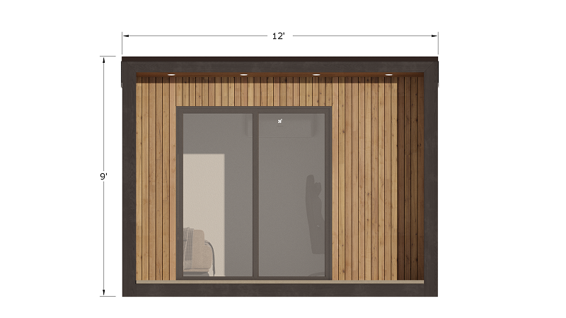 Redding shed exterior featuring a minimalist glass entrance and wood siding