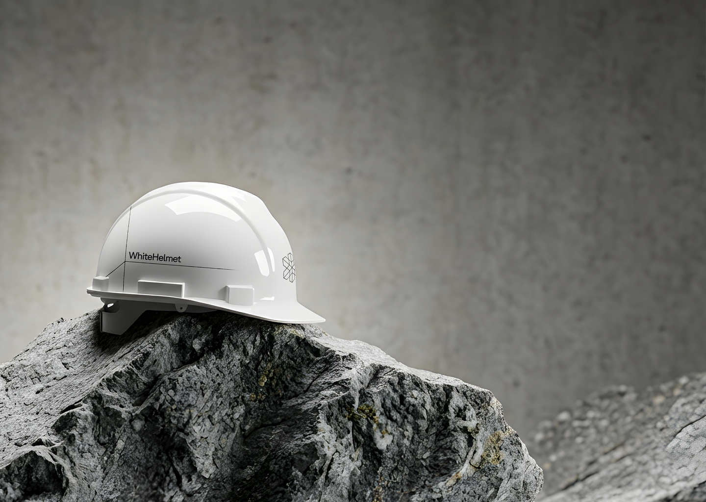 A construction worker's helmet with the WhiteHelment logo