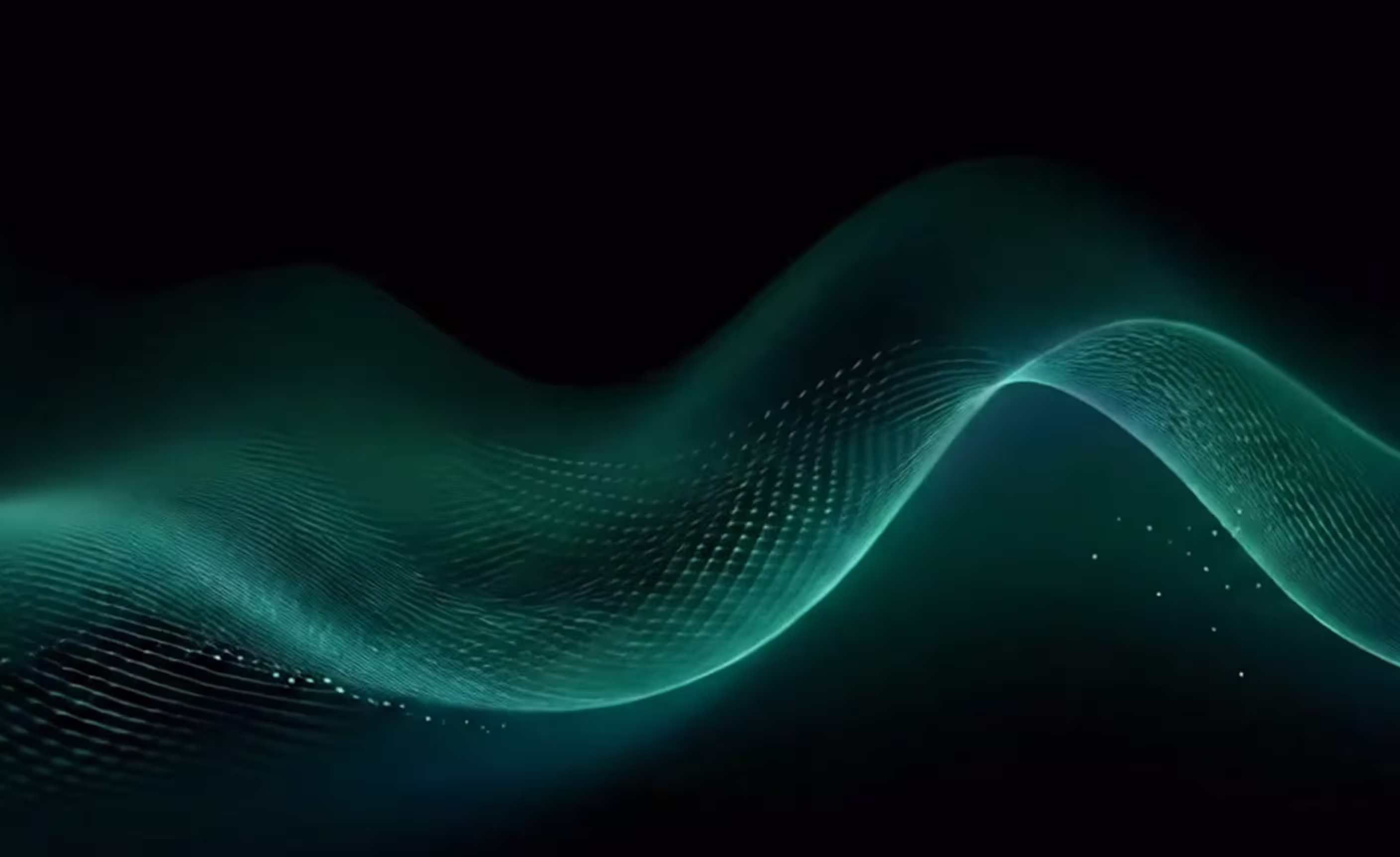 Glowing teal wave-like abstract digital mesh flowing on a black background.