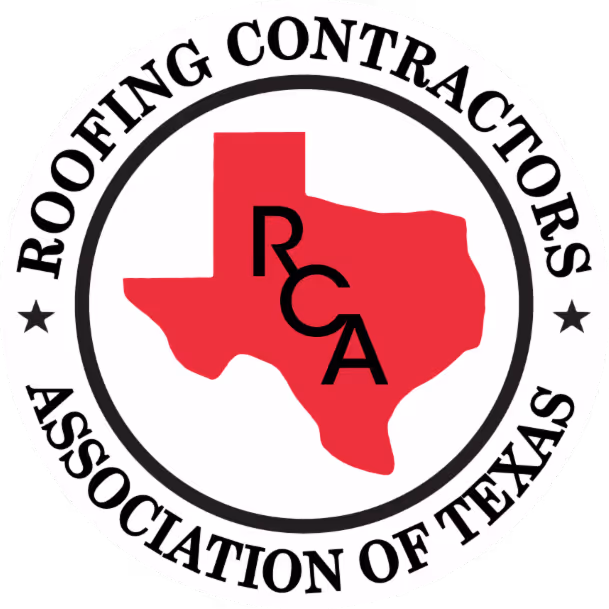 Circular logo with a red Texas state silhouette in the center, containing the black letters RCA, and the text 'Roofing Contractors Association of Texas' around the border.