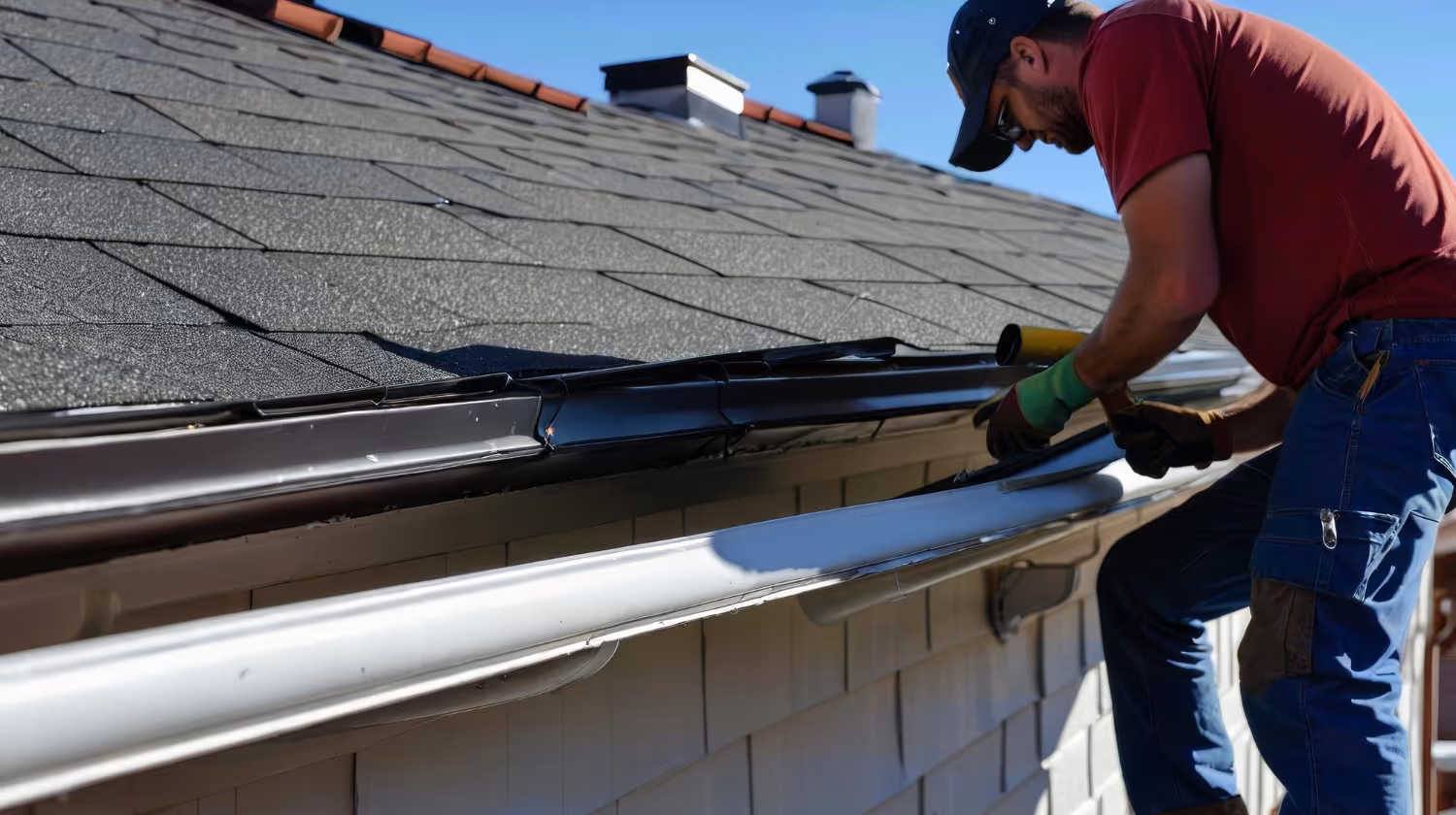 Man in a cap and gloves installing or repairing a black rain gutter on a gray shingle roof.