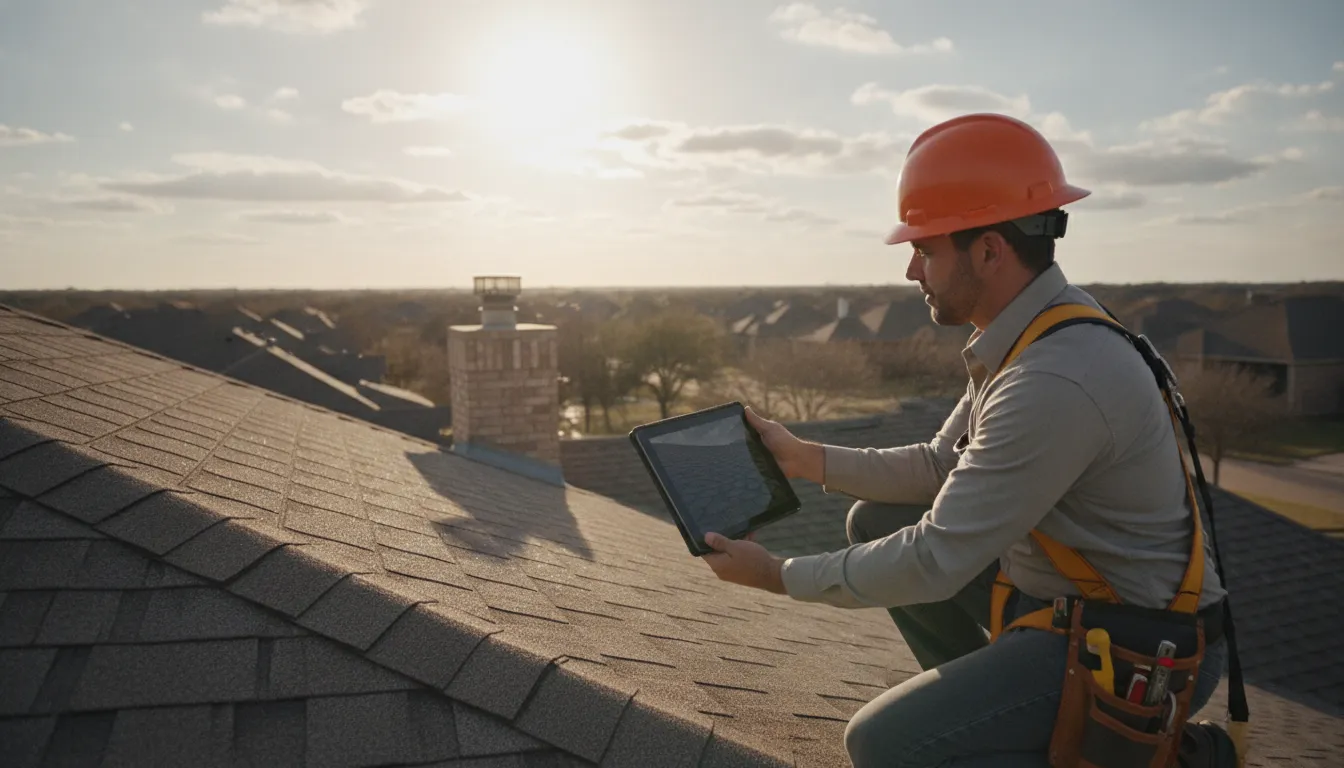 Roof inspector documenting a Texas home before paid-at-closing roof repairs
