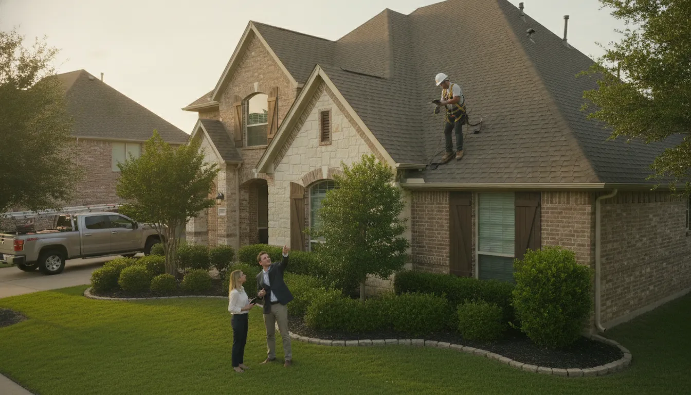 Roofing professional completing a roof inspection during a Texas home sale