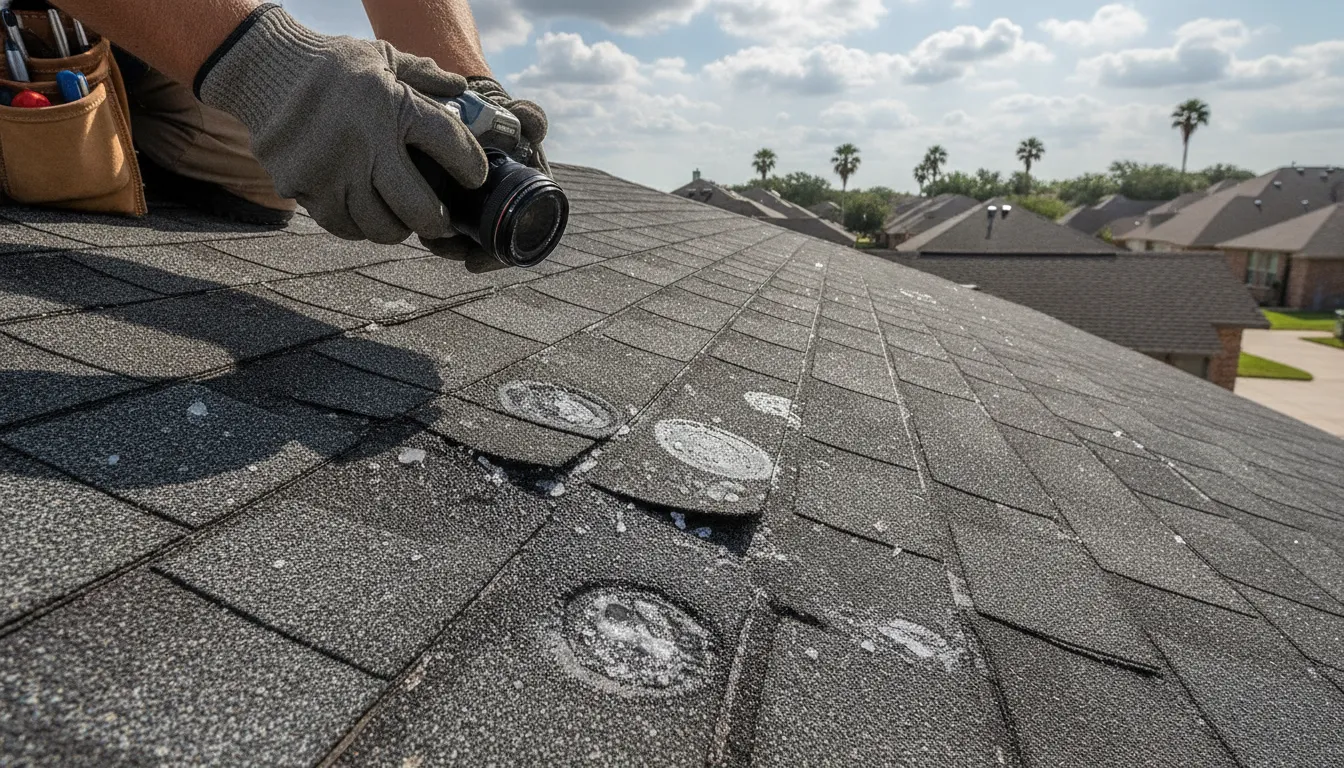Roofing professional documenting shingle damage for a Texas roof repair negotiation