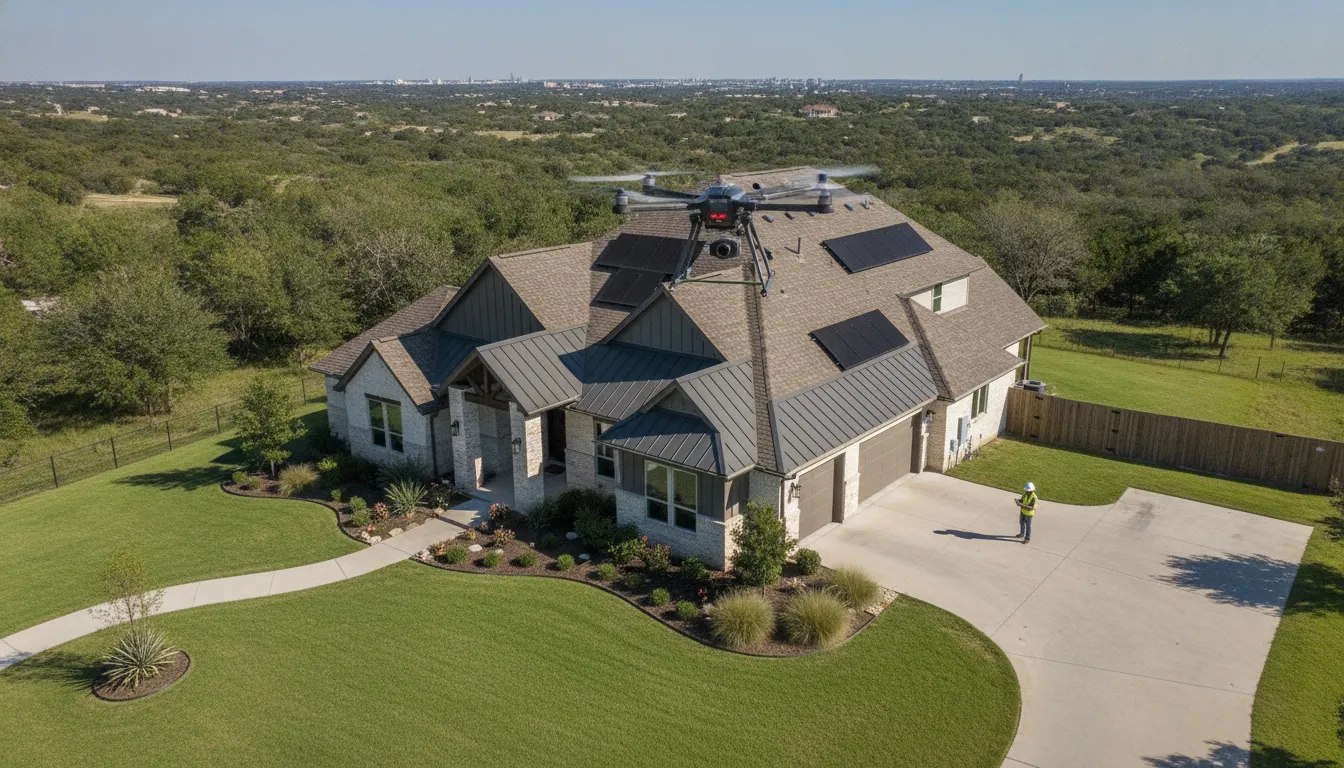 An advanced AI Roofing drone performing a comprehensive inspection of a residential roof in Texas
