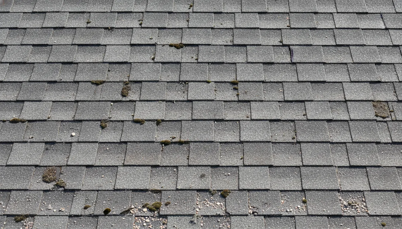 Close-up of weathered gray asphalt shingles showing significant granular loss and wear on a Texas roof