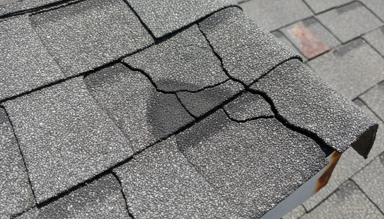 Cracked and damaged asphalt shingle on a residential roof