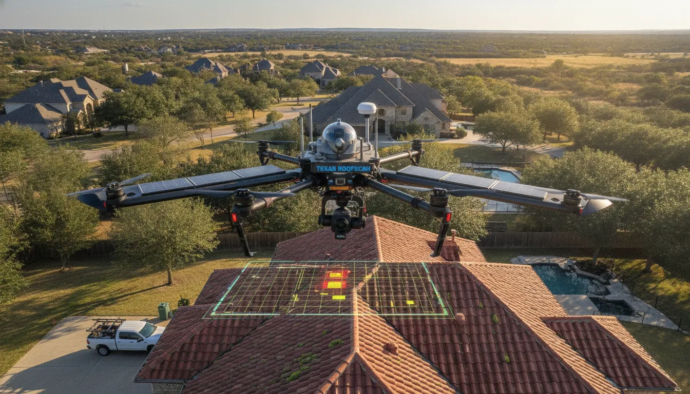 Professional aerial drone inspecting a suburban roof