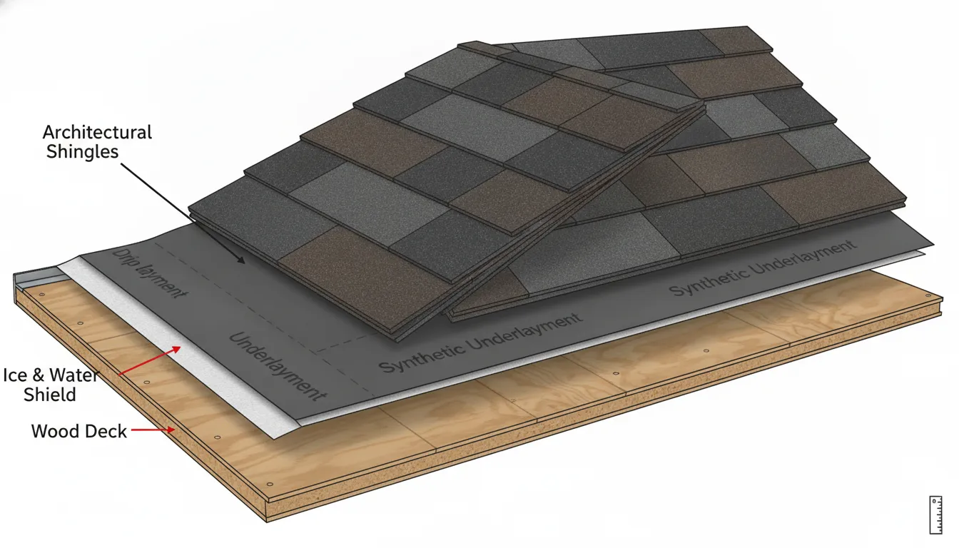 Diagram showing the layers of a high-performance residential roofing system, including underlayment, drip edge, leak barrier, and architectural shingles