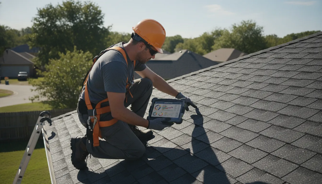 AI Roofing technician checking shingle bonds and flashing seals during Missouri City roof maintenance