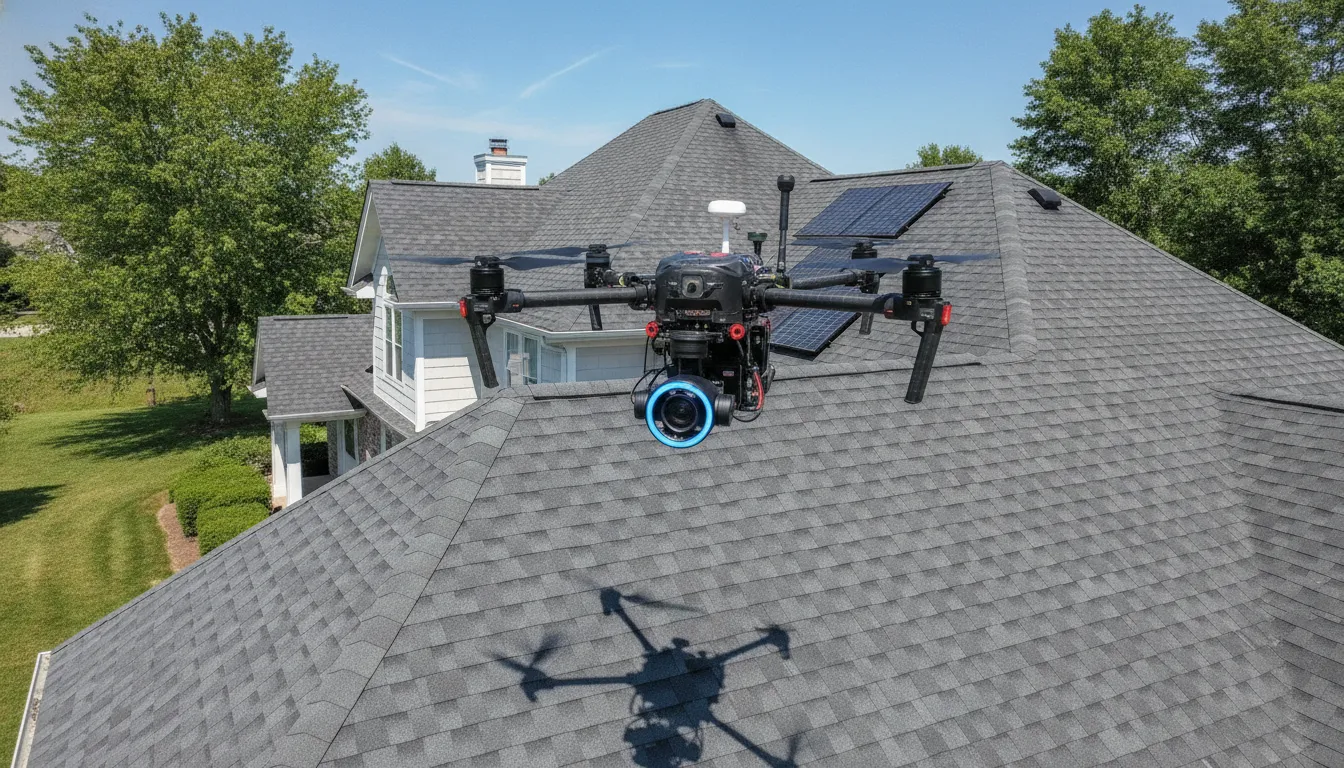 Advanced drone carrying out aerial roofing analysis and moisture diagnostic scans in Missouri City