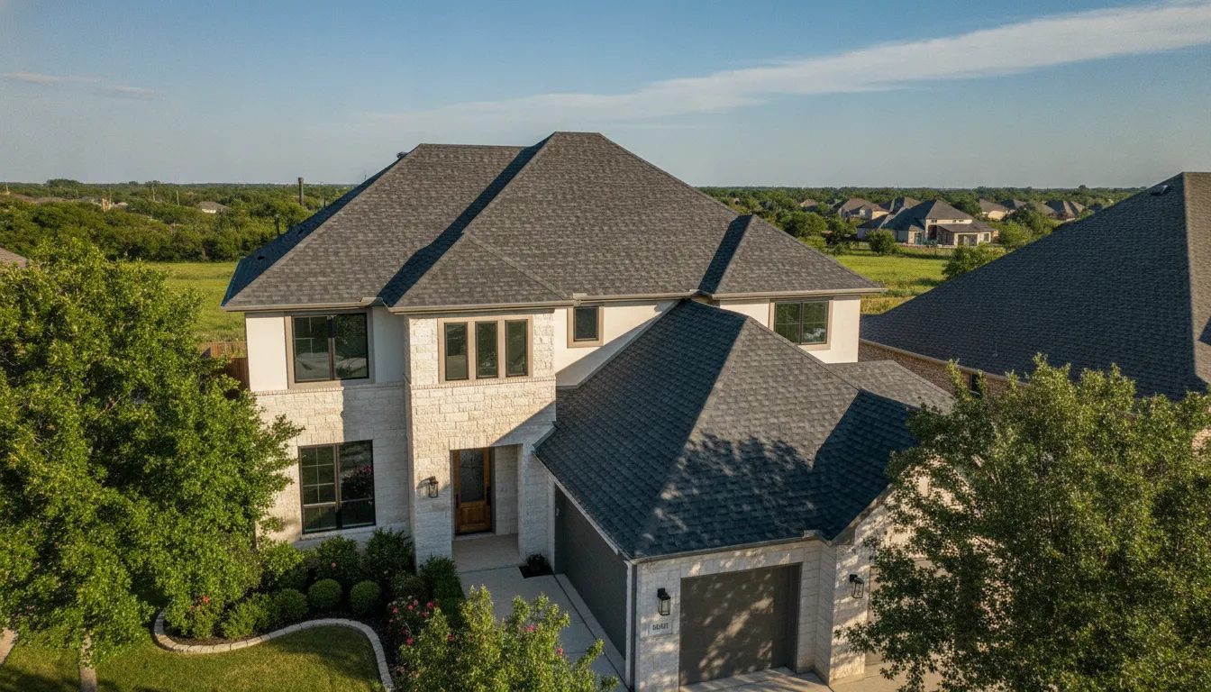 A newly replaced asphalt shingle roof on a home in Missouri City Texas