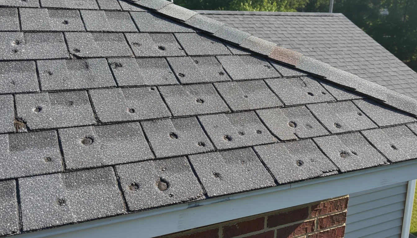 Grey asphalt shingles showing hail impact and granule loss under inspection