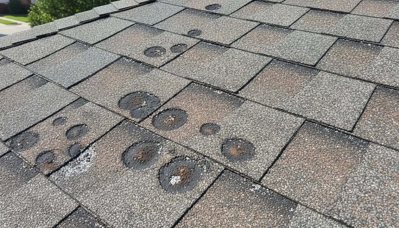 Close-up of asphalt shingles on a Sugar Land roof showing significant hail damage, bruising, and granule loss