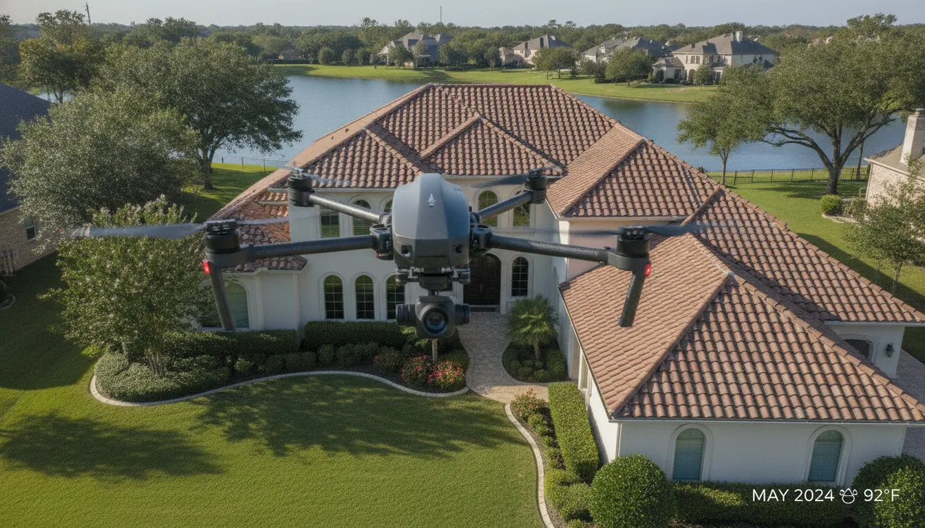 A professional drone performing an aerial diagnostic roof inspection in Sugar Land Texas to detect hail damage