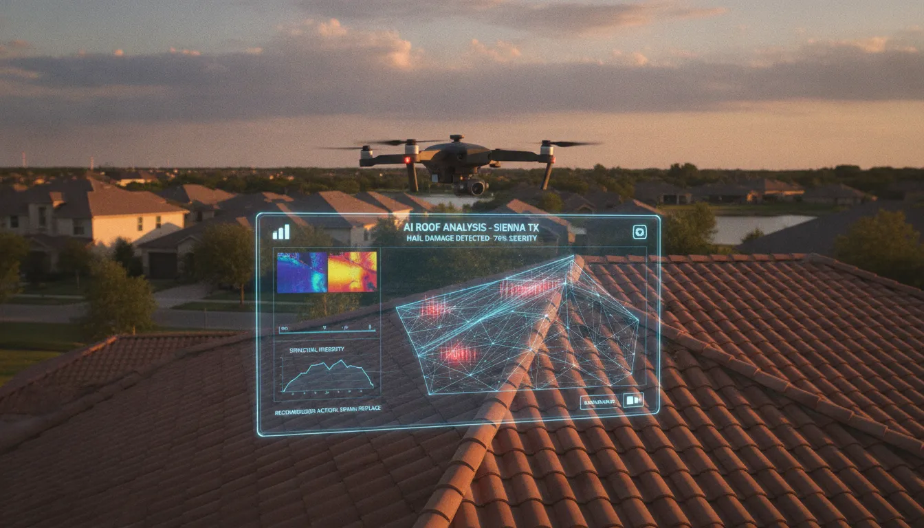 Drone capturing high-resolution roof imagery for AI-powered damage analysis in Sienna, TX