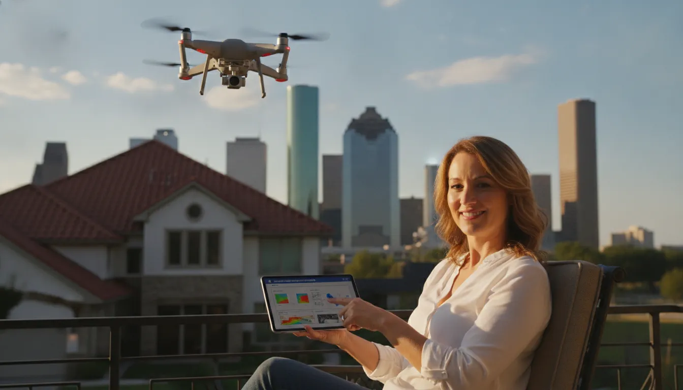 Drone inspecting a Houston roof as a homeowner reviews digital inspection report on a tablet