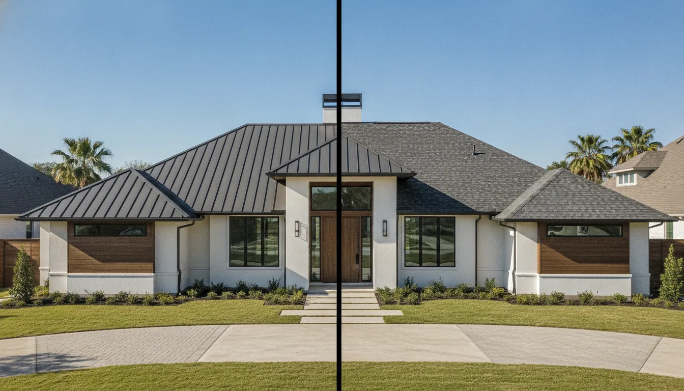 Split view of a Houston home with metal standing seam roof on one side and asphalt shingles on the other