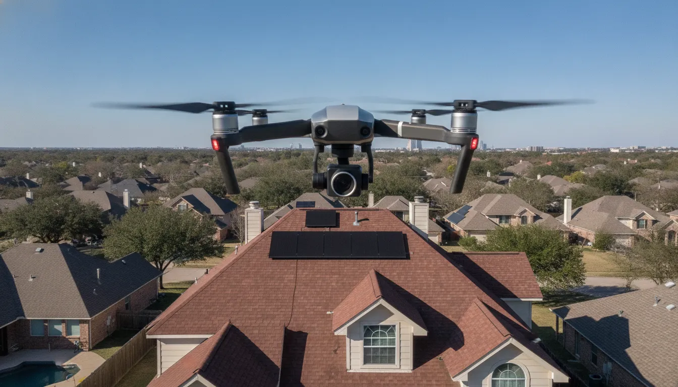 Drone flying over a residential home roof for inspection