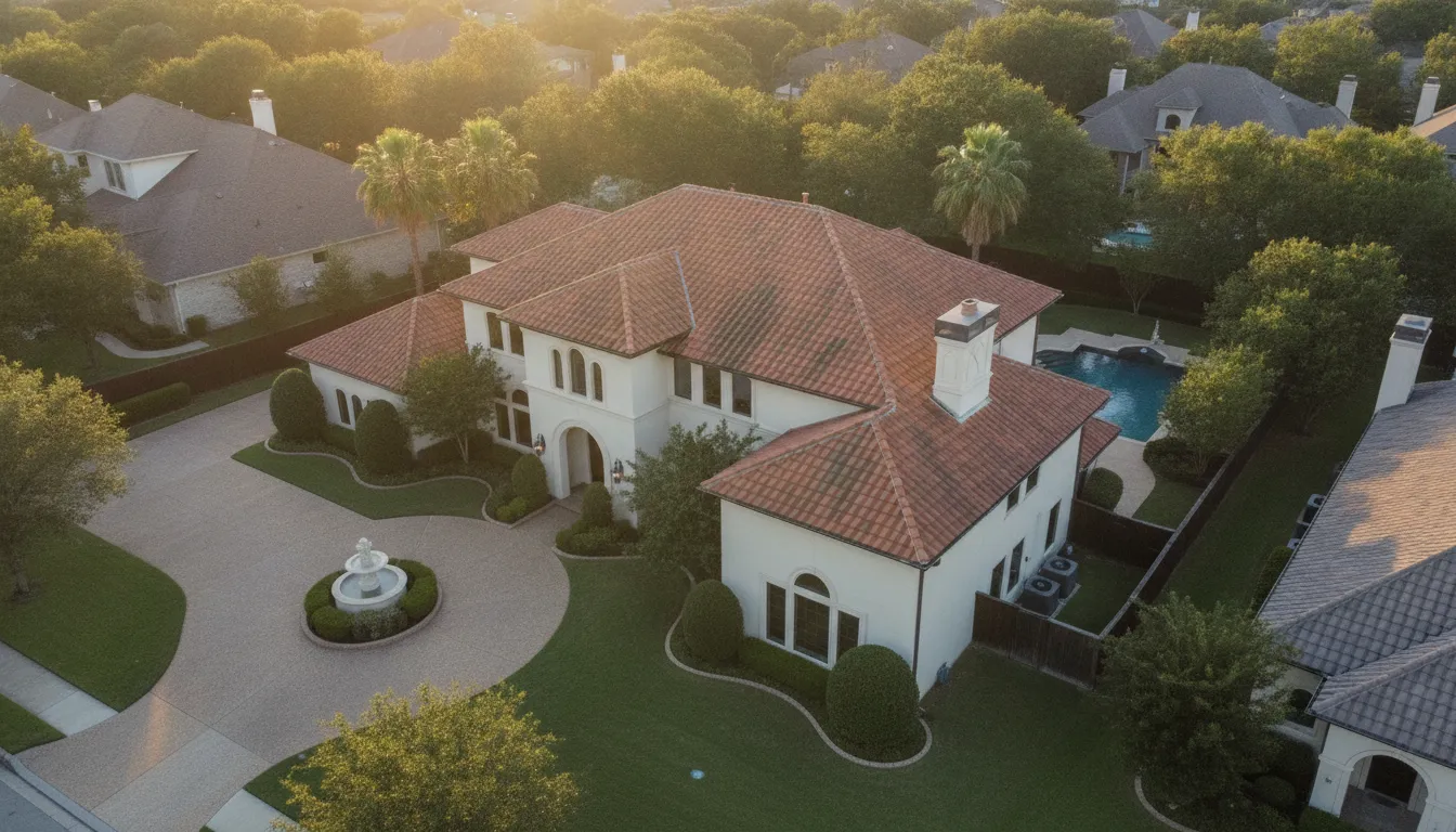 Aerial drone view of a Houston residential roof with subtle water damage and moisture stains near the chimney