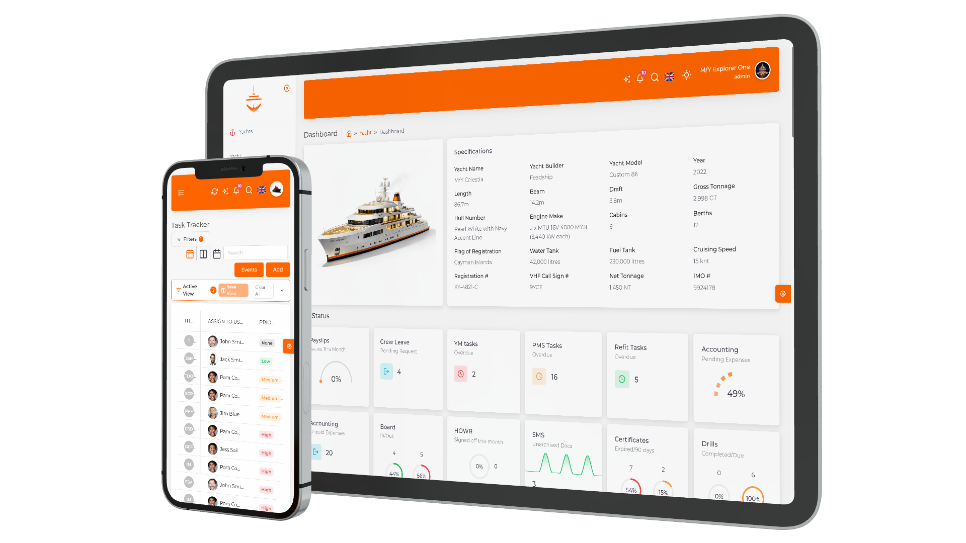 Dashboard of yacht management software showing specifications of M/Y Celestia with detailed metrics on tasks, accounting, crew leave, and calendar events.