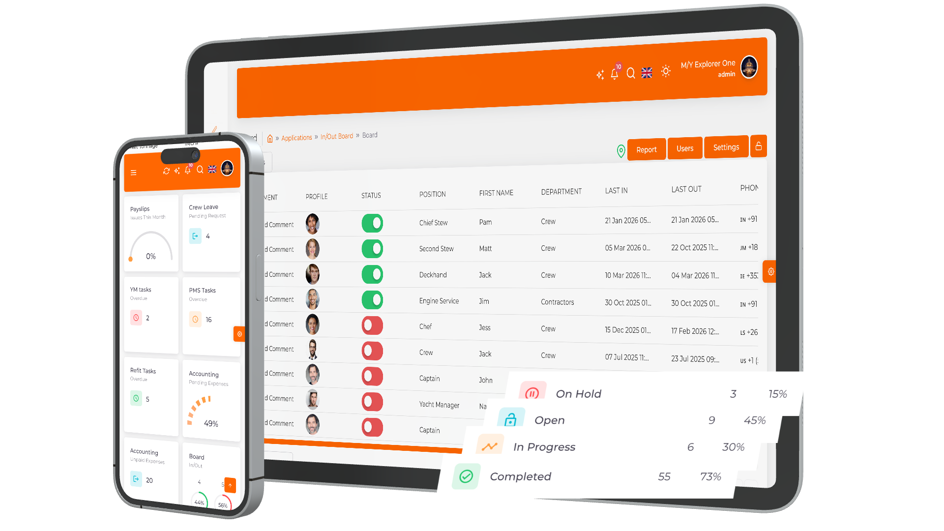 Laptop screen showing a project tracker app with tasks listed on the left and a detailed ship layout plan on the right labeled Interior Bilge Painting.