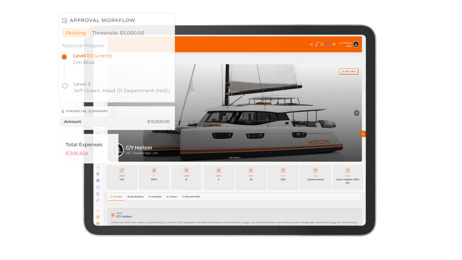 Profile page of yacht management software showing a white and orange sailing catamaran named C/Y Horizon, 44ft Fountaine Pajot Custom 44.
