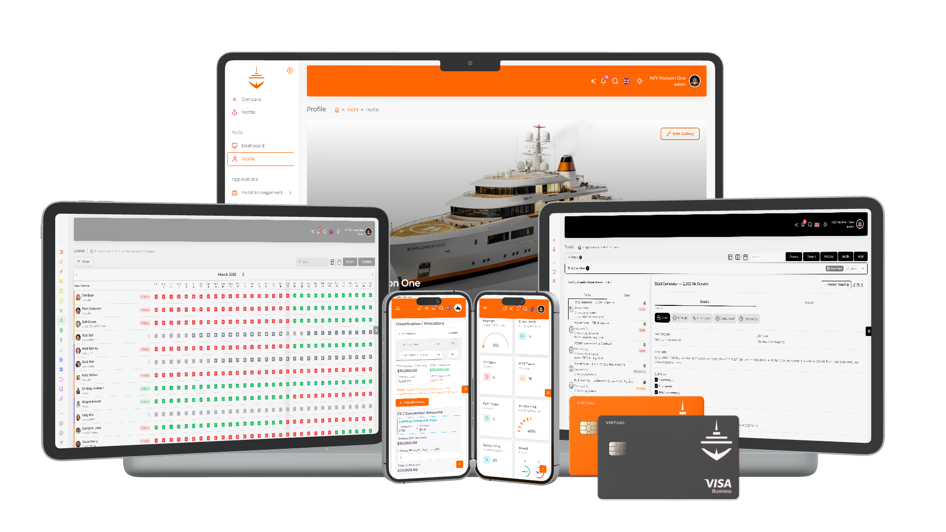 Laptop screen showing a project tracker app with tasks listed on the left and a detailed ship layout plan on the right labeled Interior Bilge Painting.