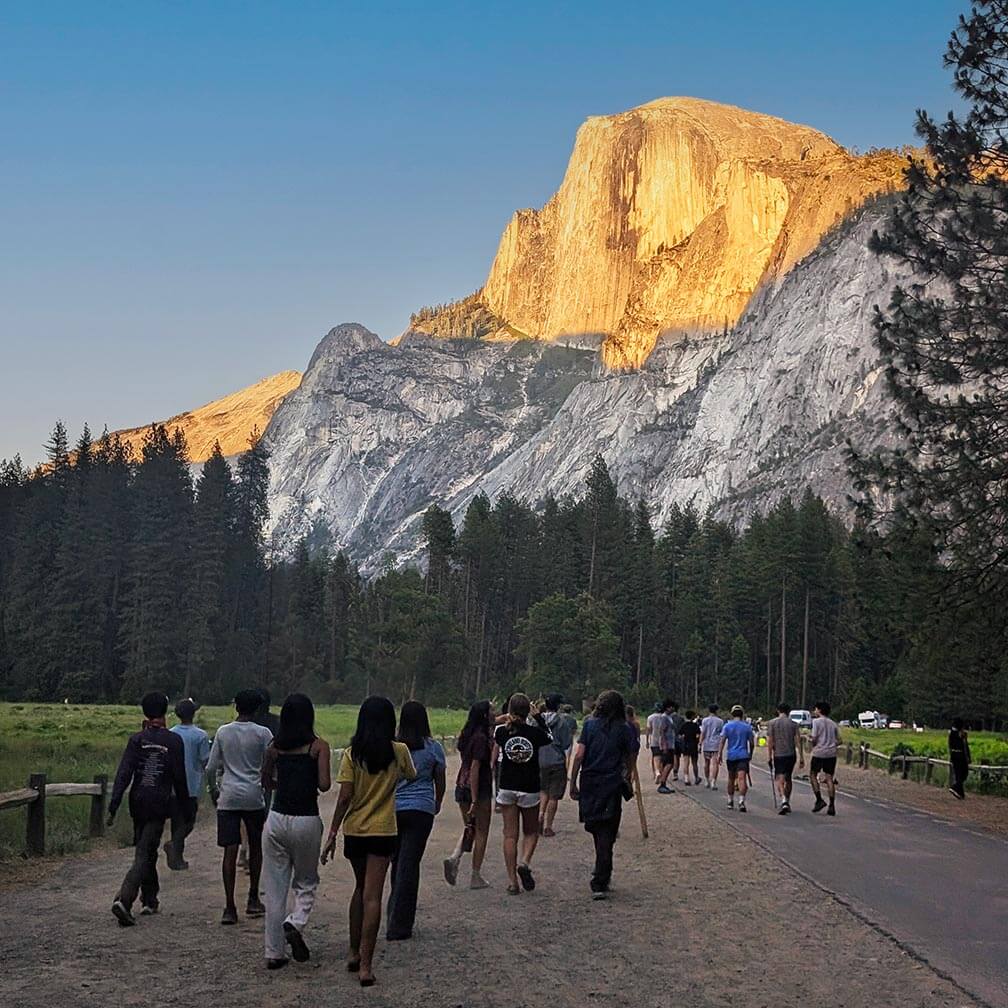 Group of young people walking in Yosemite