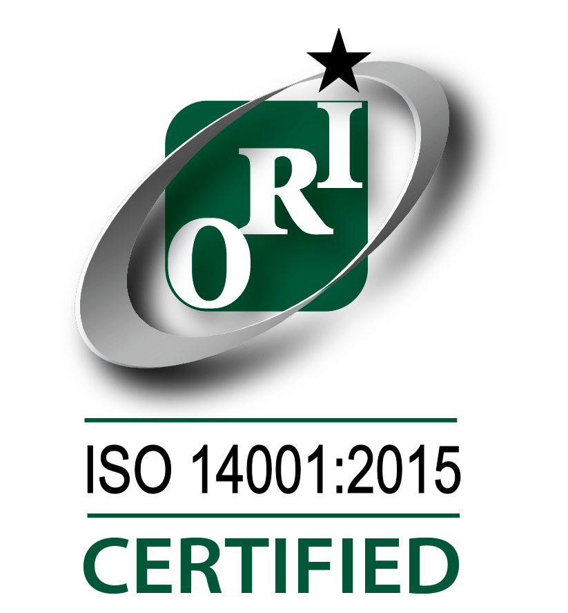 ISO 14001:2015 certified logo with green and silver design elements.