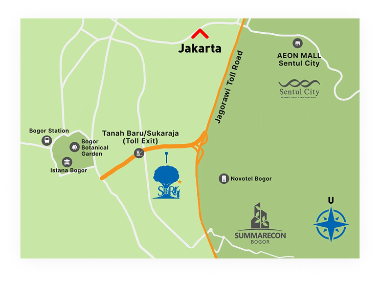 Map showing routes and landmarks near Sekolah Bogor Raya: including Jagorawi Toll Road, Bogor Station, Istana Bogor, Bogor Botanical Garden, Tanah Baru/Sukaraja Toll Exit, Novotel Bogor, AEON Mall Sentul City, Summarecon Bogor, and Sentul City logo with a compass indicating north.