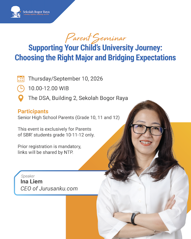 Parent seminar poster with speaker Ina Liem on choosing the right major for your child's university journey.