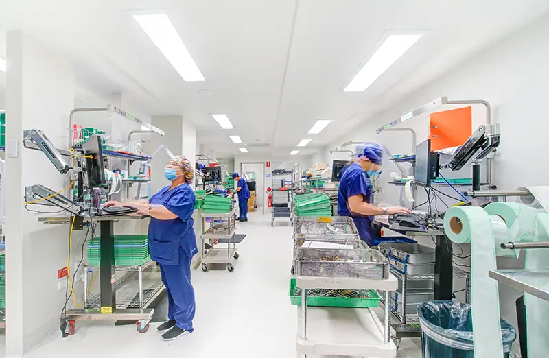 Healthcare staff working inside a medical facility supported by healthcare electrical services in Brisbane.