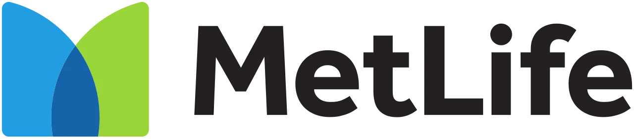 MetLife logo with blue and green overlapping shapes next to black MetLife text.