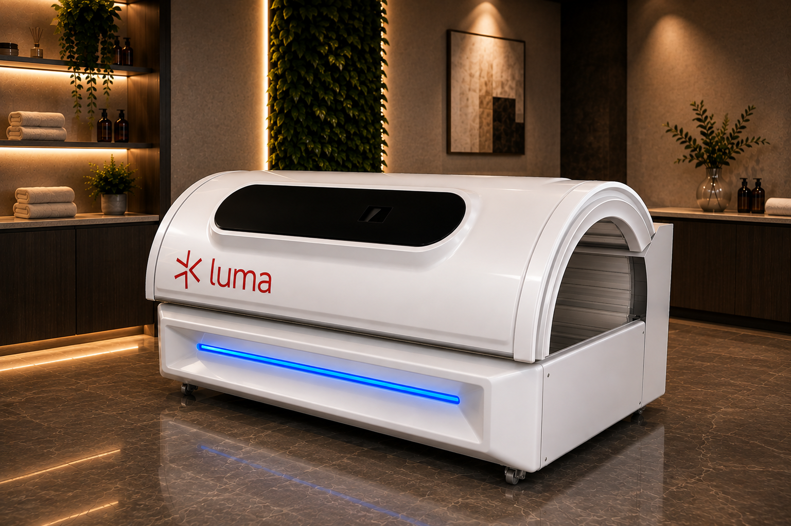Synergy red light therapy bed in a clinic room, closed canopy with Luma mark.