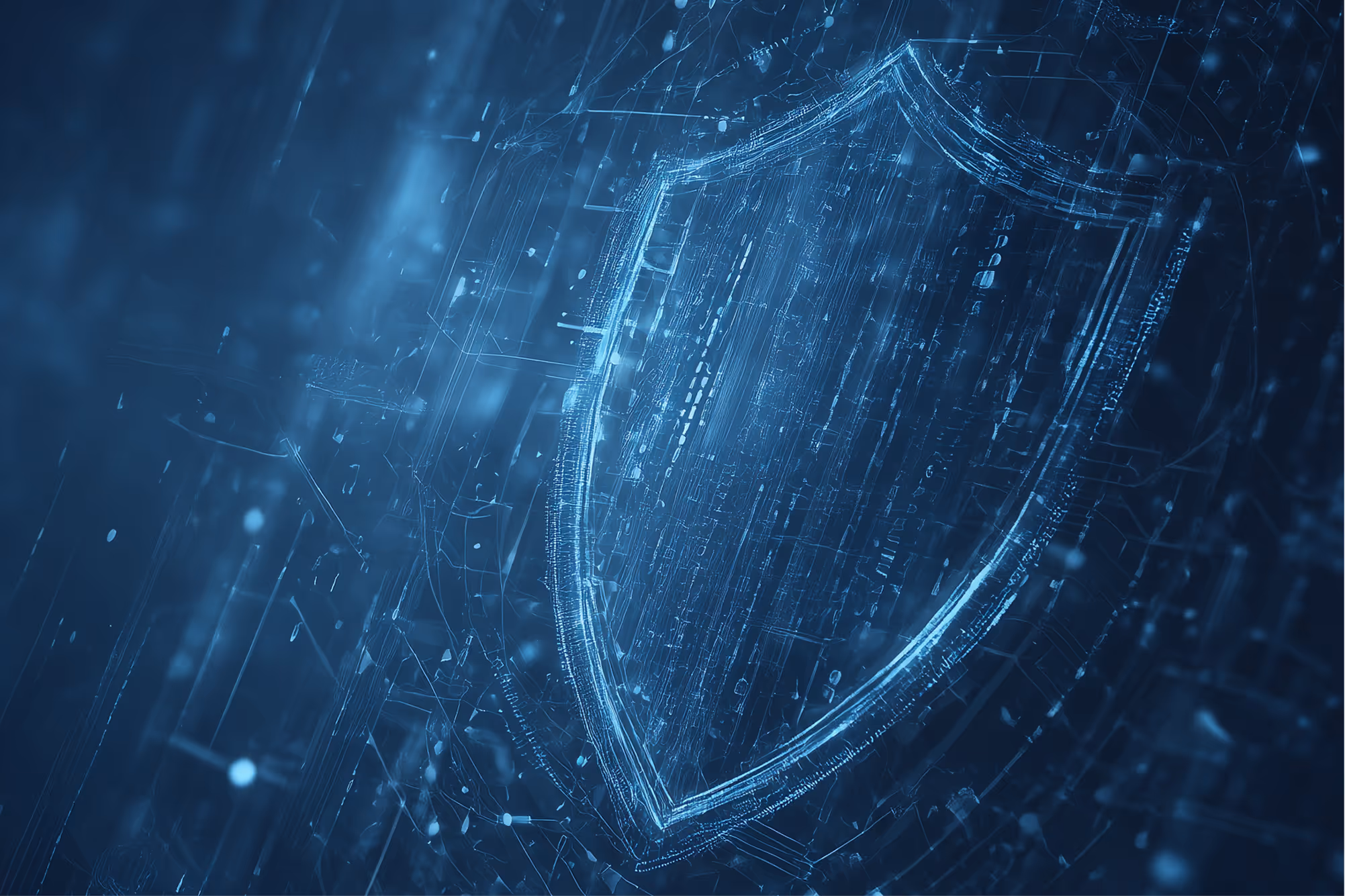 Glowing digital shield symbol representing cybersecurity and data protection in blue tones.