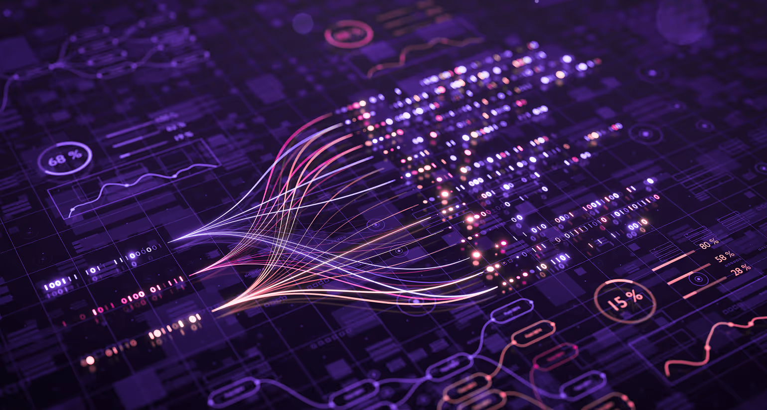Futuristic digital data visualization with glowing lines, binary codes, and percentage charts on a dark background.