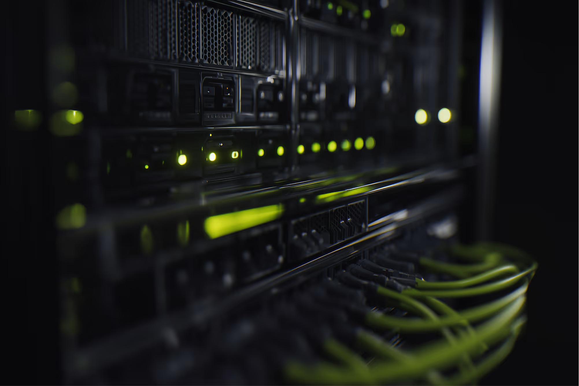 Close-up of server rack with glowing green status lights and connected green network cables.