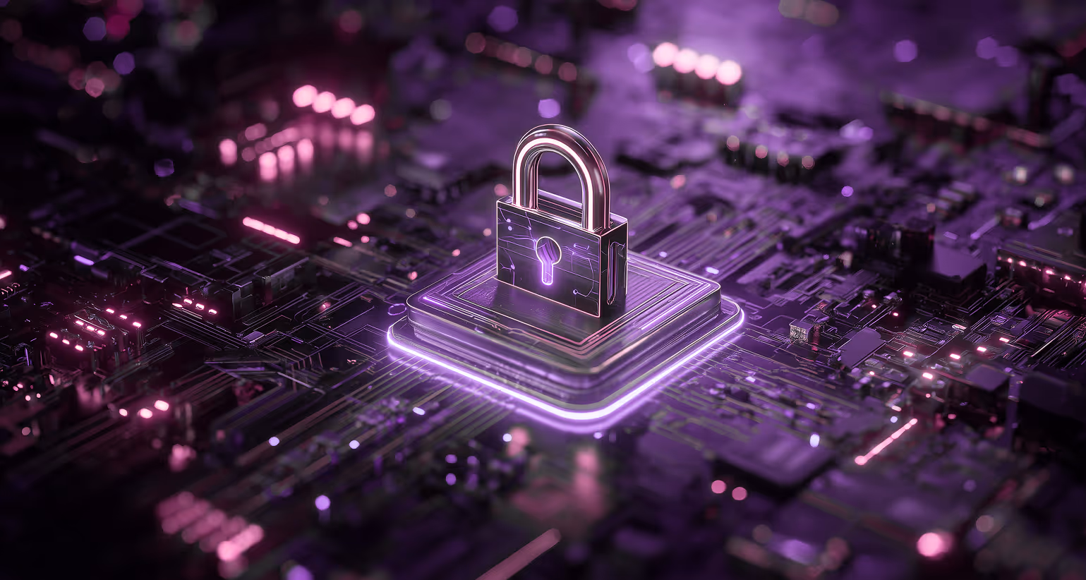 Glowing purple padlock icon on a futuristic digital circuit board representing cybersecurity.