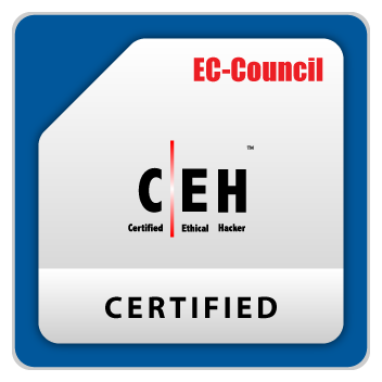 EC-Council CEH Certified Ethical Hacker badge with blue background and white certificate.