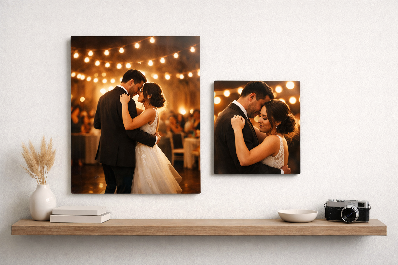 Custom gallery wall with couple photos on wooden shelf
