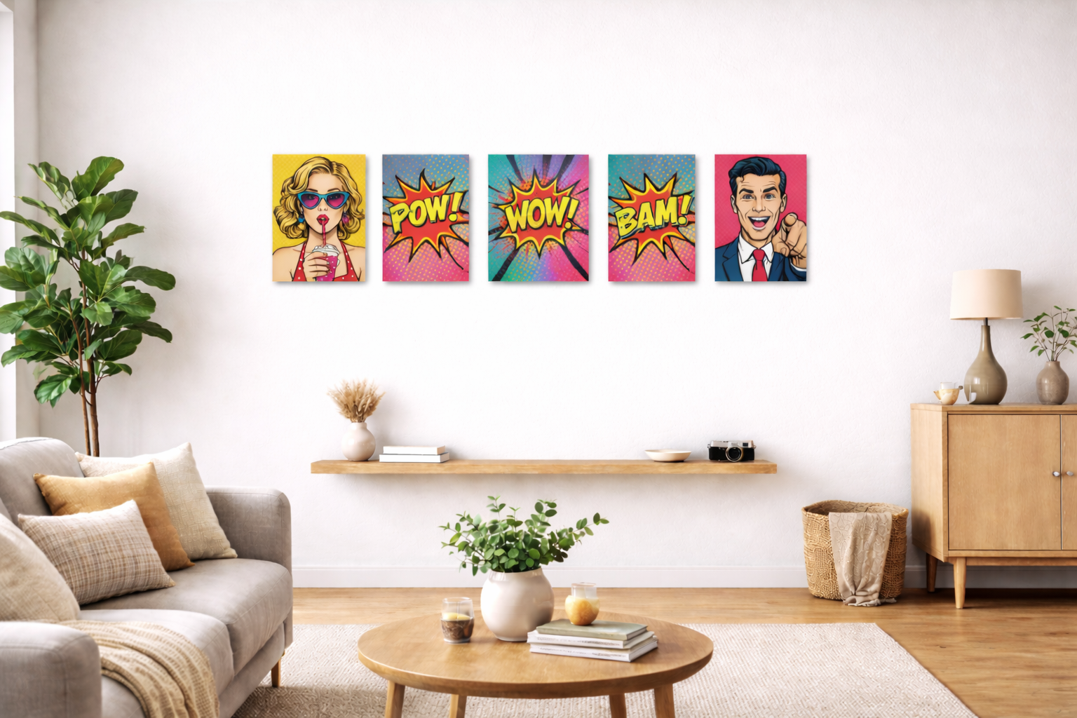 Living room after Obando Studios custom gallery wall installation