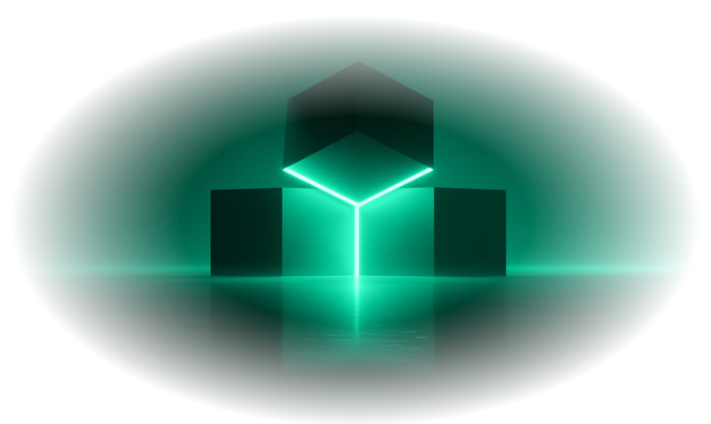 Three black cubes arranged in a pyramid shape with glowing white edges and reflections on a dark reflective surface.