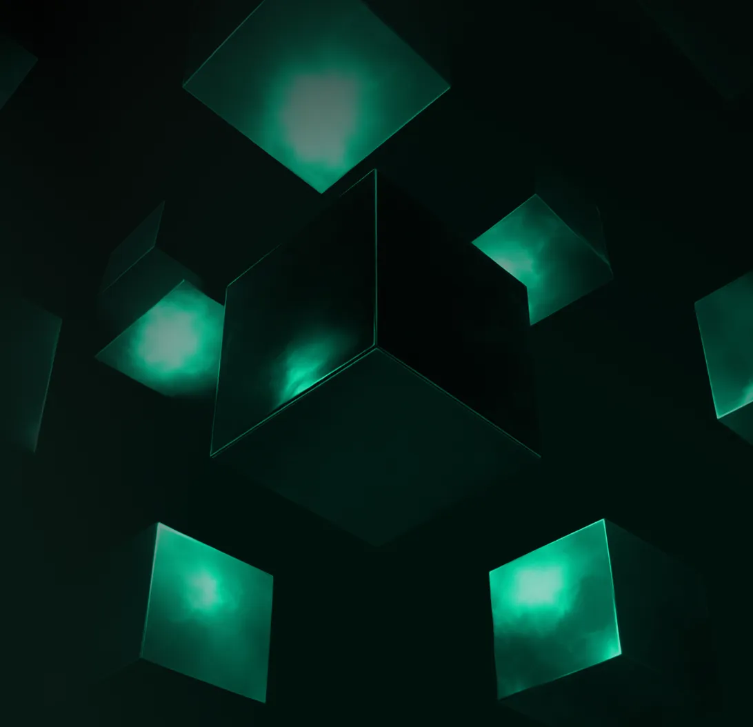 Dark green glowing cubes floating against a teal gradient background.
