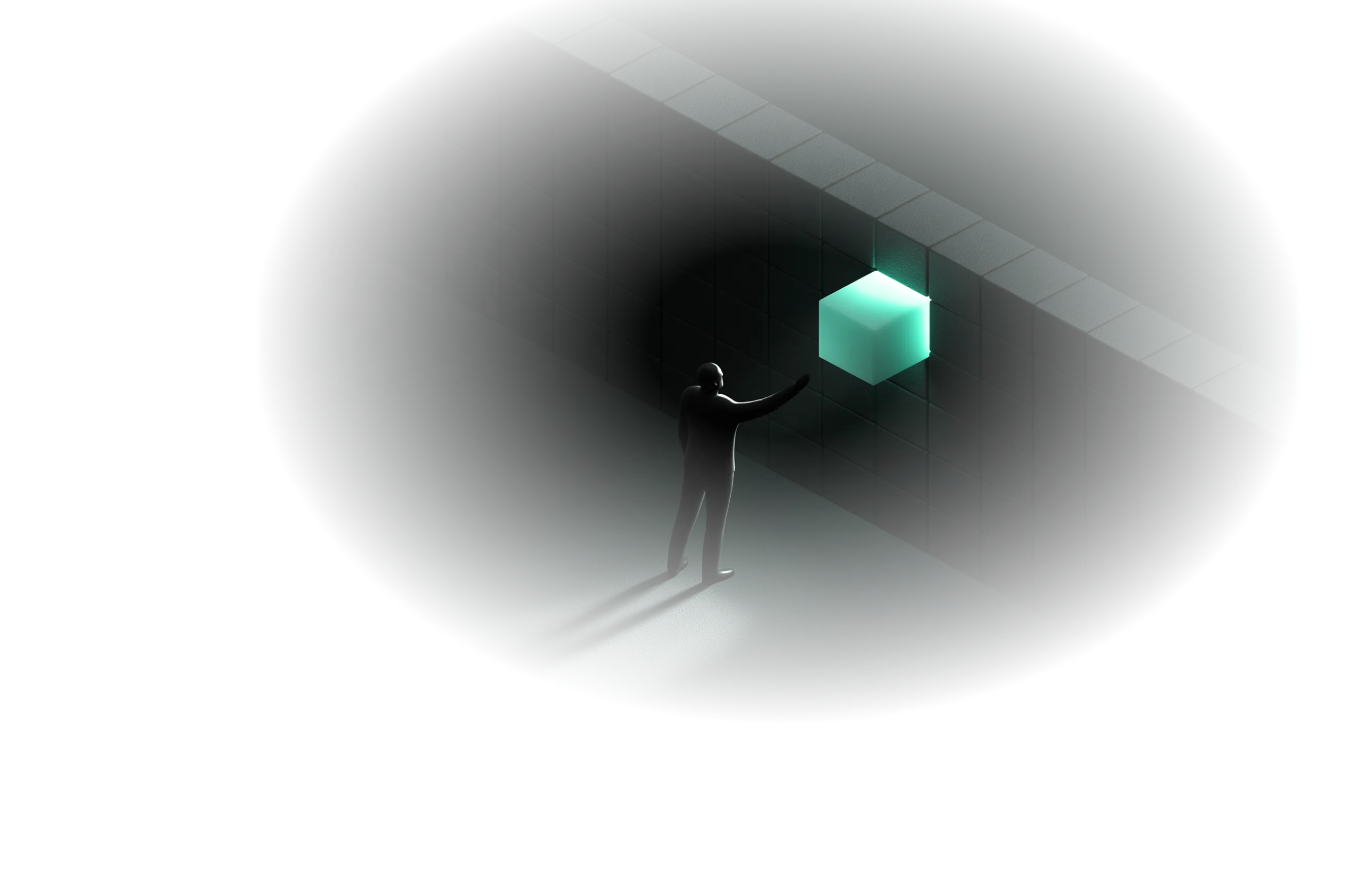 Silhouette of a person standing in front of a dark wall reaching toward a glowing turquoise cube embedded in the wall.