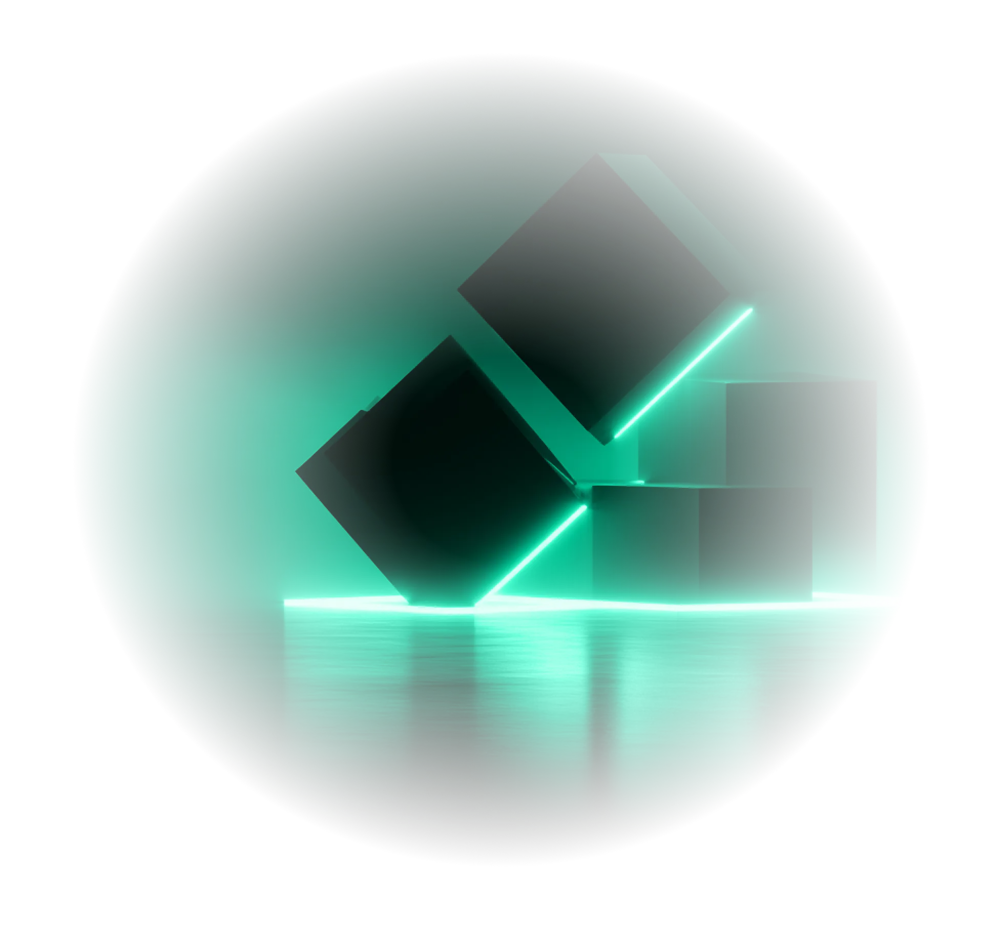 Four black cubes arranged with neon green light glowing along their edges on a reflective surface.